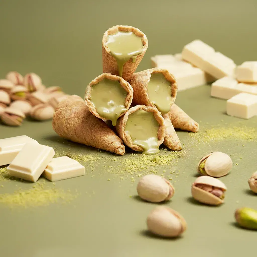 Mini tölcsérek pisztácia és fehér csokoládé