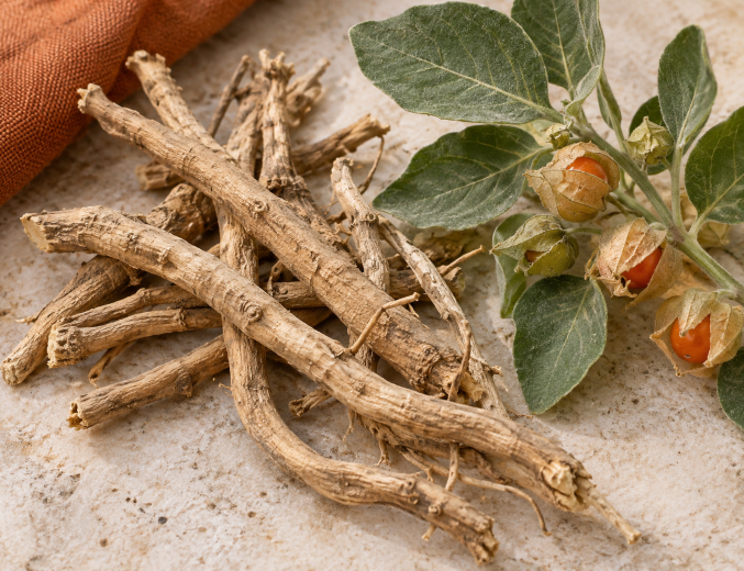 Ashwagandha gyökér és ágacska pirosas-narancssárga bogyókkal.