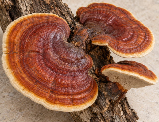 Vörösesbarna reishi termőtestek egy fadarabon.