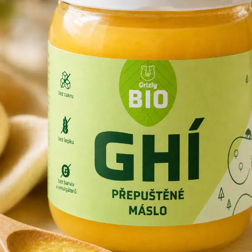 A GRIZLY Ghí tisztított vaj csomagolásának részlete BIO jelöléssel