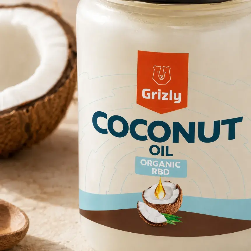 A GRIZLY kókuszolaj csomagolásának részlete Organic jelöléssel