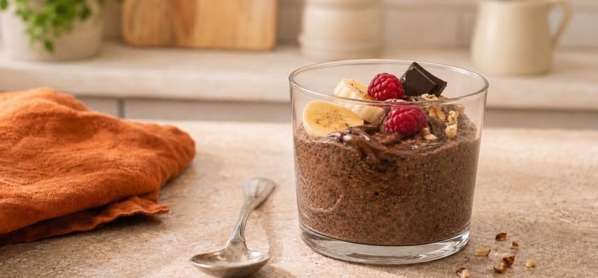 Csokoládés chia puding banánnal, málnával, mogyorófélékkel és csokoládéval.