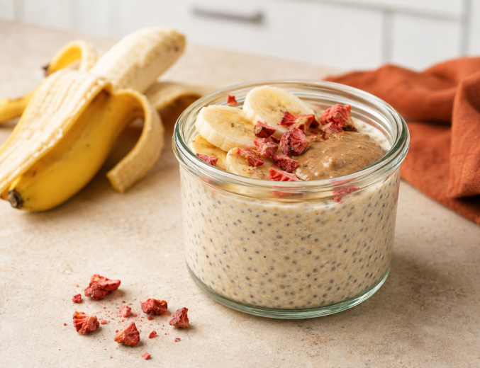 Chia puding banánnal, mandulavajjal és liofilizált eperrel.