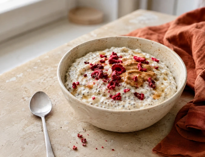 Chia puding túróval, mogyoróvajjal és liofilizált málnával.