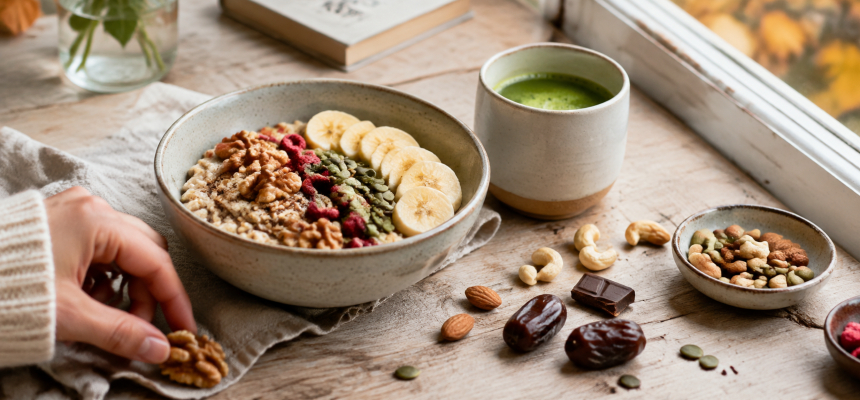 Zabkása diófélékkel, gyümölccsel, magvakkal és matcha teával fáradtság ellen