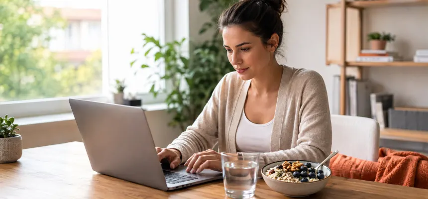 Egy nő laptopon dolgozik, amely mellett gyümölcsös-diós zabkása és egy pohár víz van.