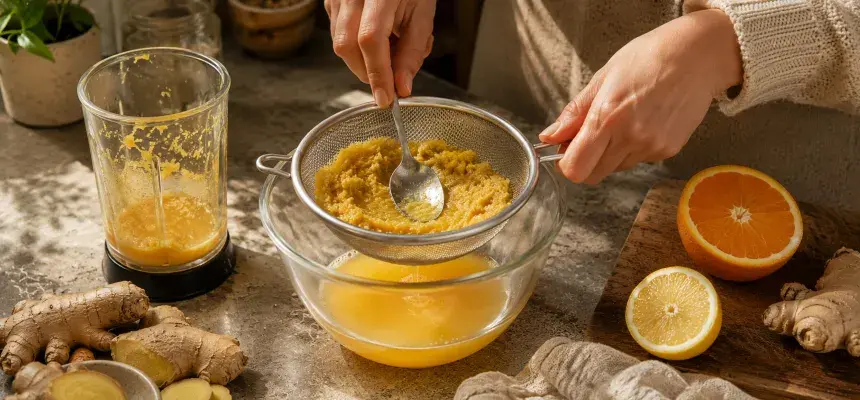 Házi gyömbérből és citrusfélékből készült ginger shot szűrése