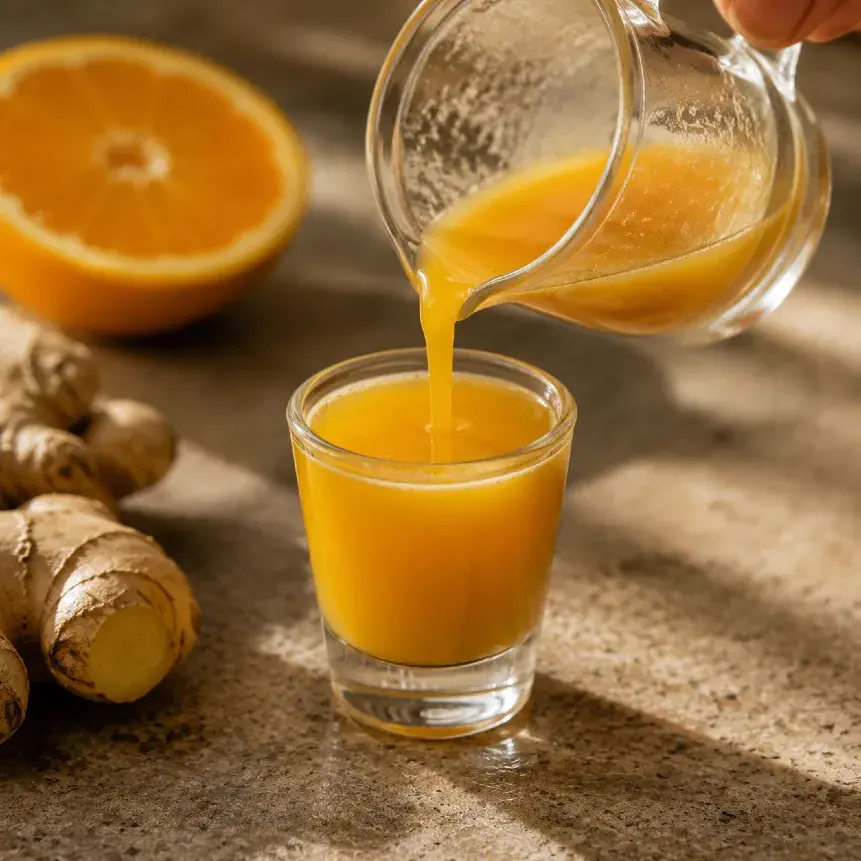 A kész ginger shot kitöltése egy kis pohárba