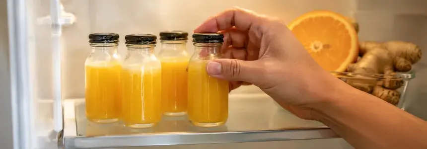 Házi ginger shotok kis üvegcsékben a hűtőben előkészítve