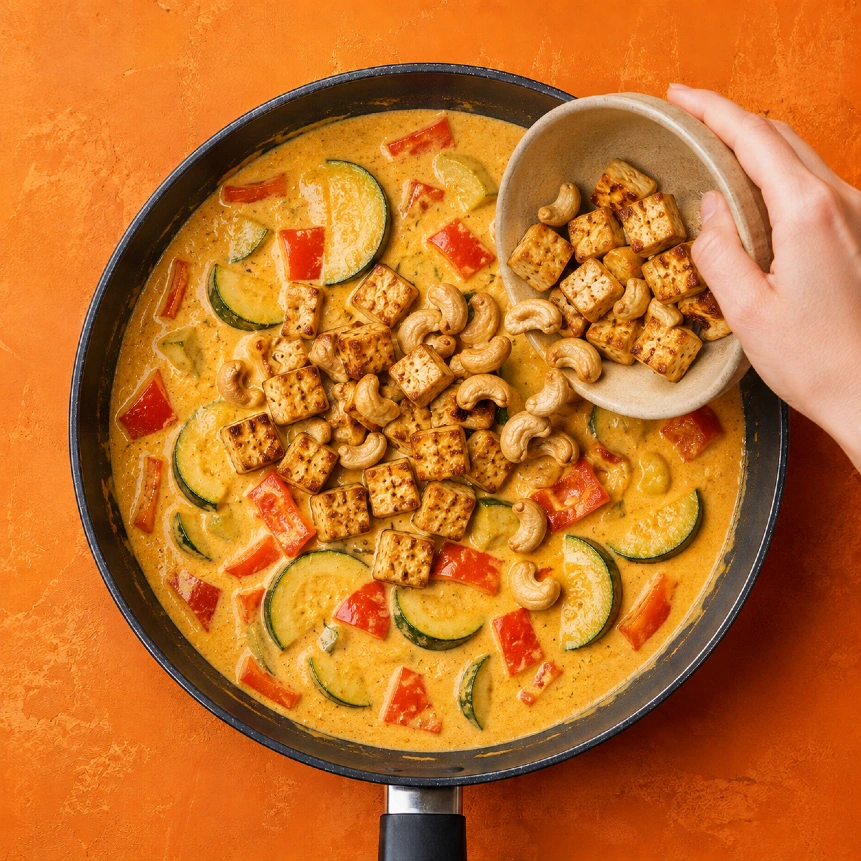Növényi curry csicseriborsóval, rizzsel és zöldséggel