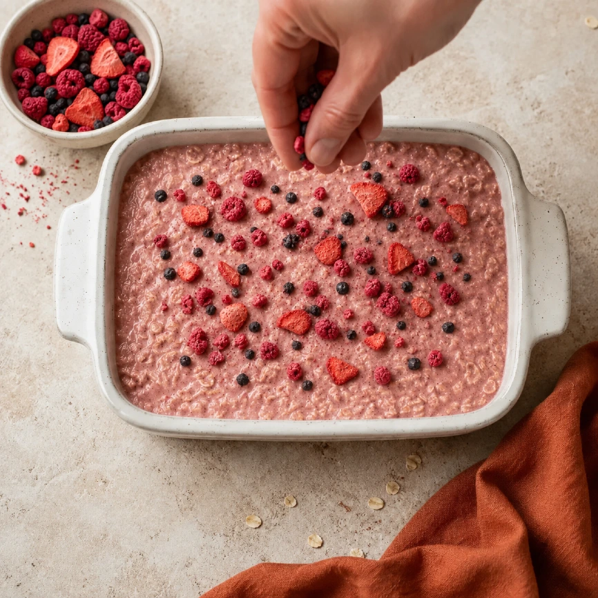 Gyümölcsös baked oats elkészítése liofilizált eperrel, málnával és áfonyával