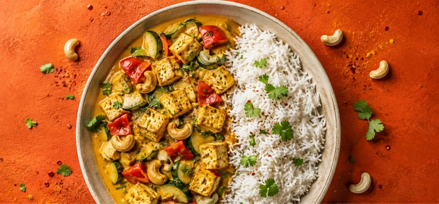 Sós plant-based étel rizzsel, zöldséggel és fűszernövényekkel
