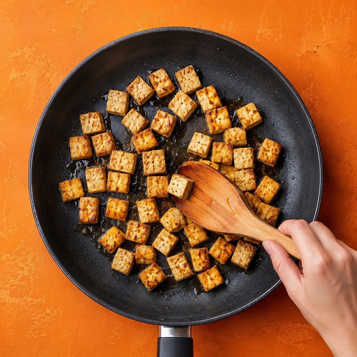 Tofu pirítása serpenyőben plant-based recept elkészítése során