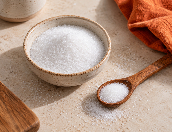 Erythritol kerámia tálban és fa kanálon