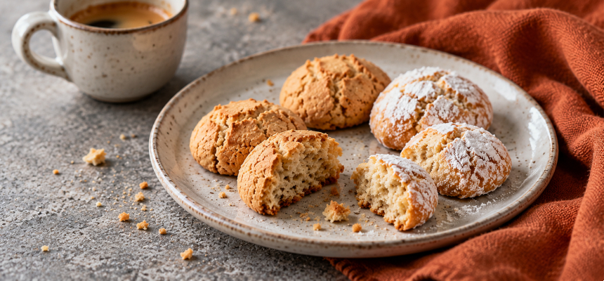 Omlós és puha amaretti kerámia tányéron, egy csésze kávé mellett