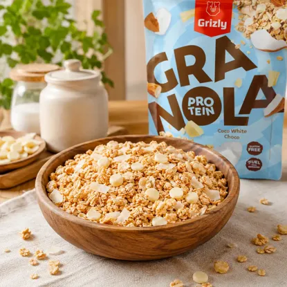 Granola proteinnel, fehér csokoládé és kókusz