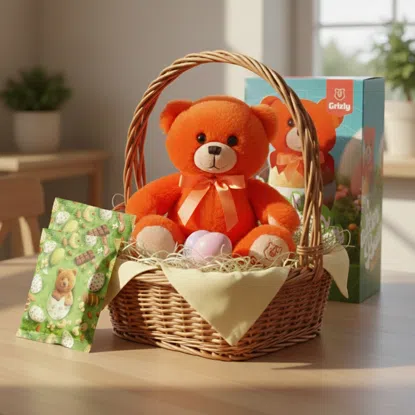 Gyerek húsvéti csomag plüss mackóval és válogatott finomságokkal