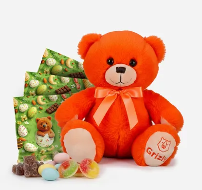 Gyerek húsvéti csomag plüss mackóval és válogatott finomságokkal