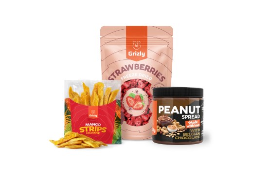 Mango strips + Földimogyoróvaj csokoládéval + Eper xxl