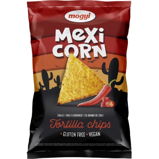 Mogyi tortilla chips kukorica snack csili ízesítéssel 200g.